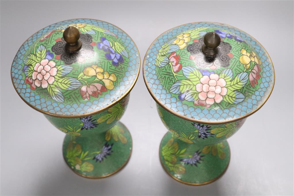 A pair of cloisonne enamel lidded cups, 22cm incl. covers
